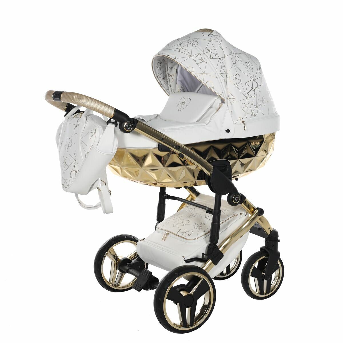 Коляска 2 в 1 Junama Diamond Heart JH-01 белая кожа/золотой короб/рама золото