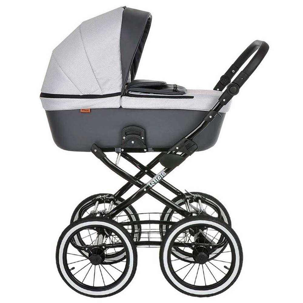 Коляска для новорожденных Pituso Leticia Classic/14d Uzor White/Black+Кожа New Grey