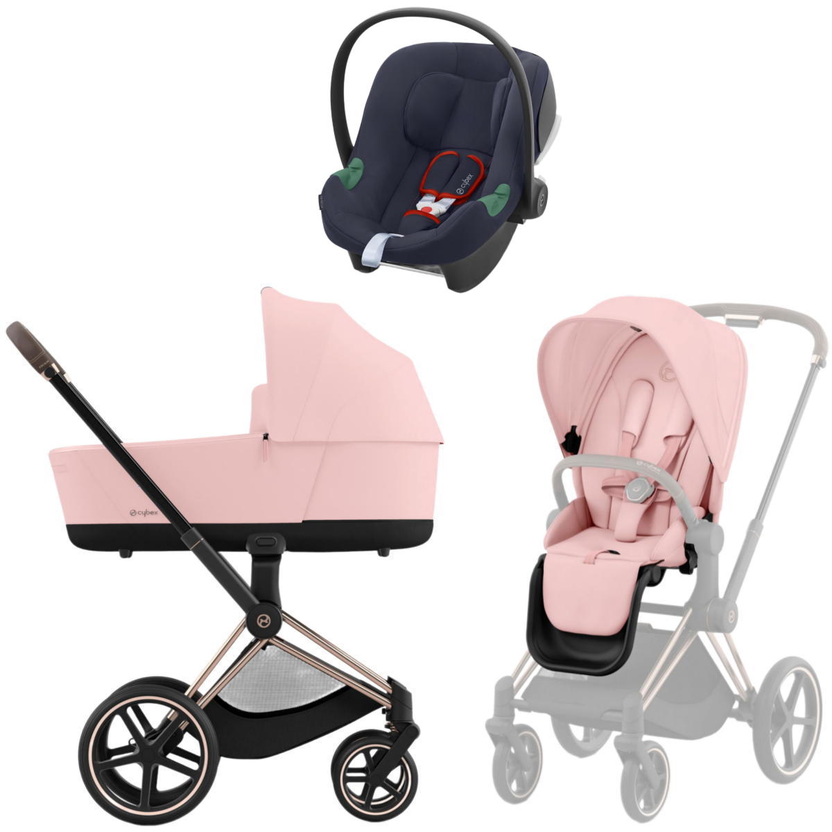 Коляска 3 в 1 Cybex Priam IV Rosegold и автокресло Aton B2 i-Size Peach Pink
