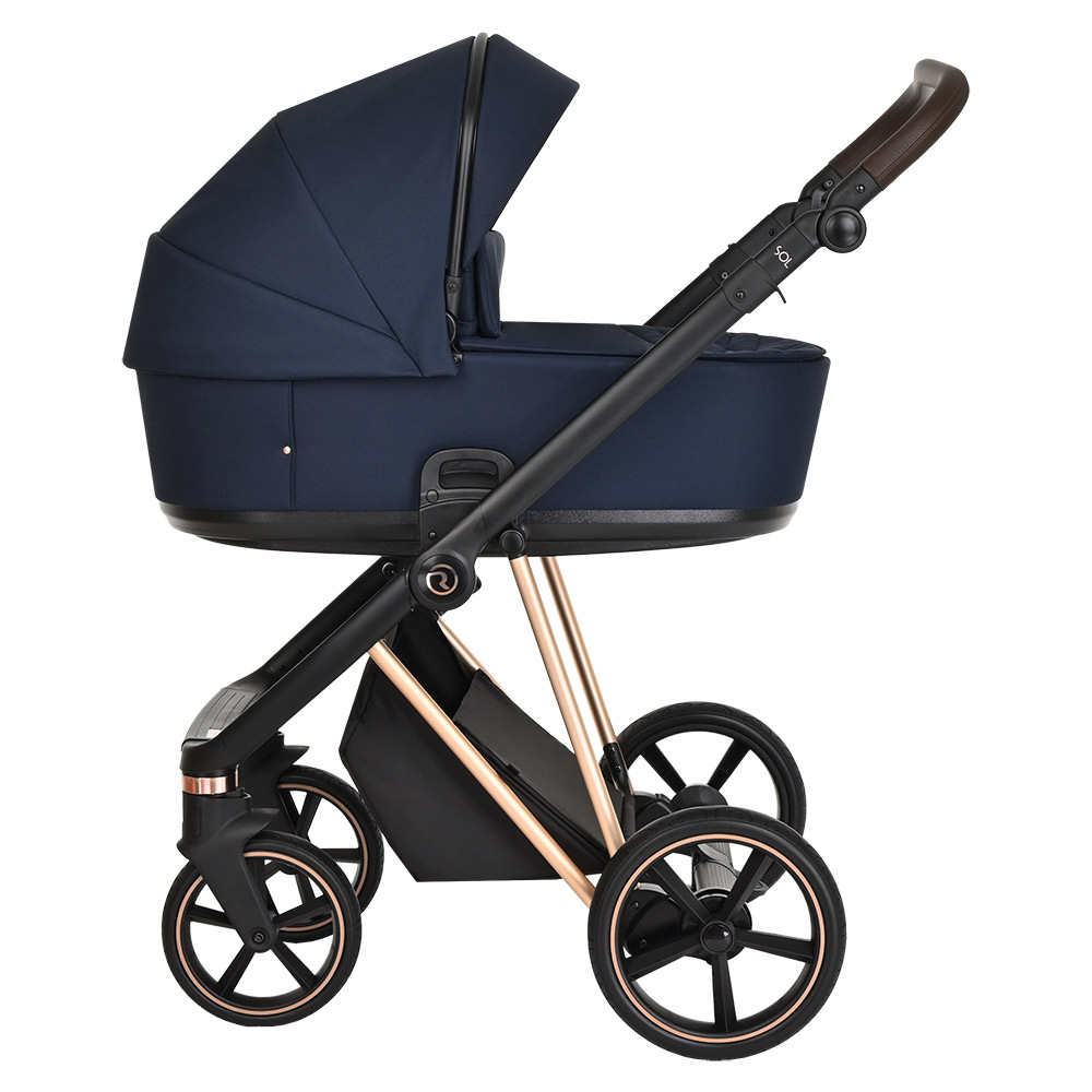Коляска 3 в 1 Roan Sol Luxury Mystic Blue/Rose Gold/руч.Тем.Коричневый