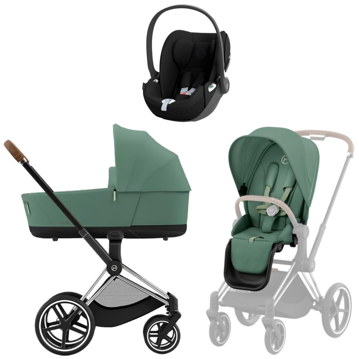 Коляска 3 в 1 Cybex Priam IV Chrome Brown и автокресло Cloud G i-Size Leaf Green