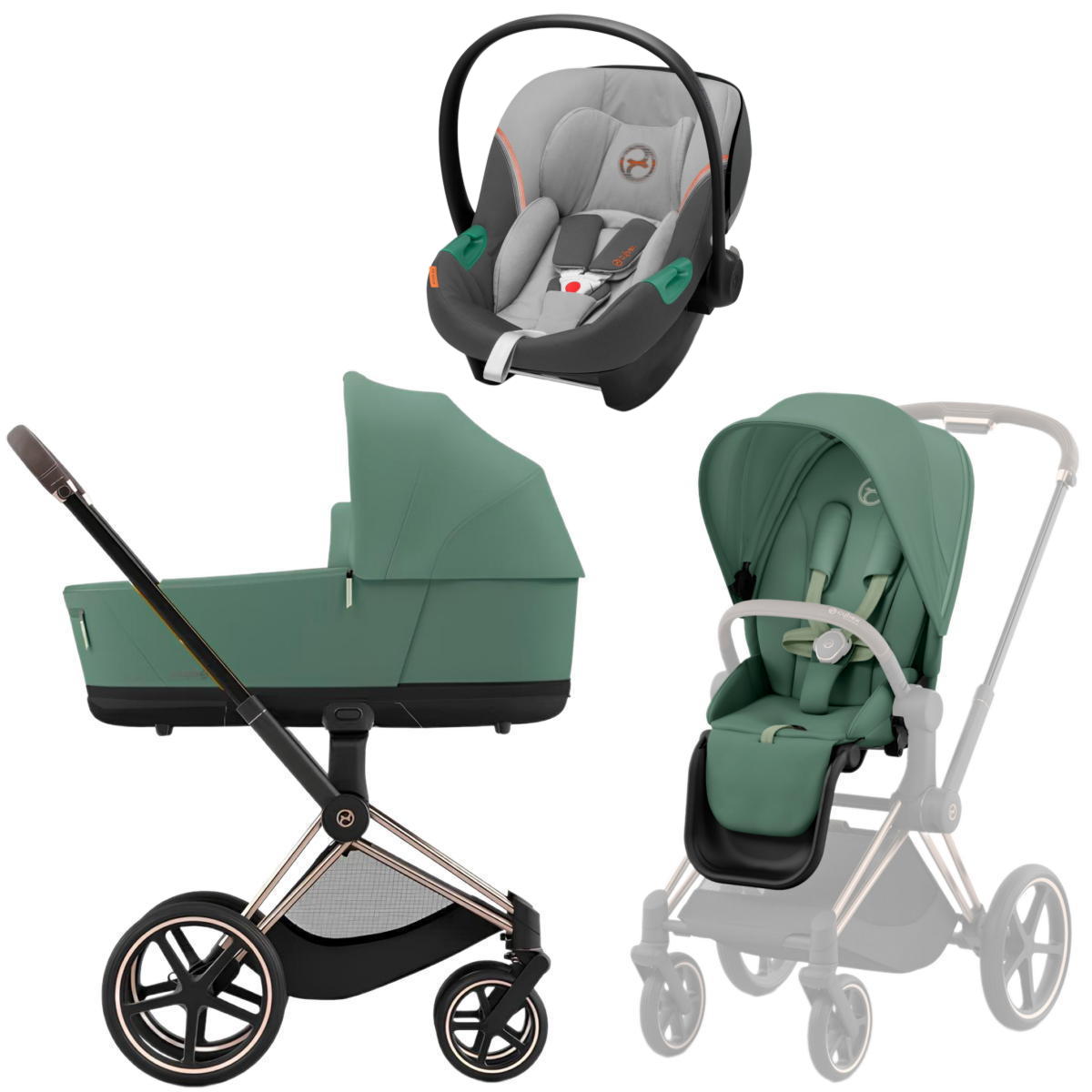 Коляска 3 в 1 Cybex Priam IV Rosegold и автокресло Aton S2 i-Size Leaf Green