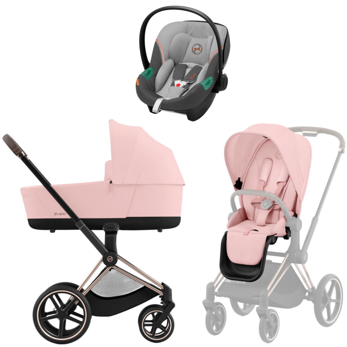 Коляска 3 в 1 Cybex Priam IV Rosegold и автокресло Aton S2 i-Size Peach Pink