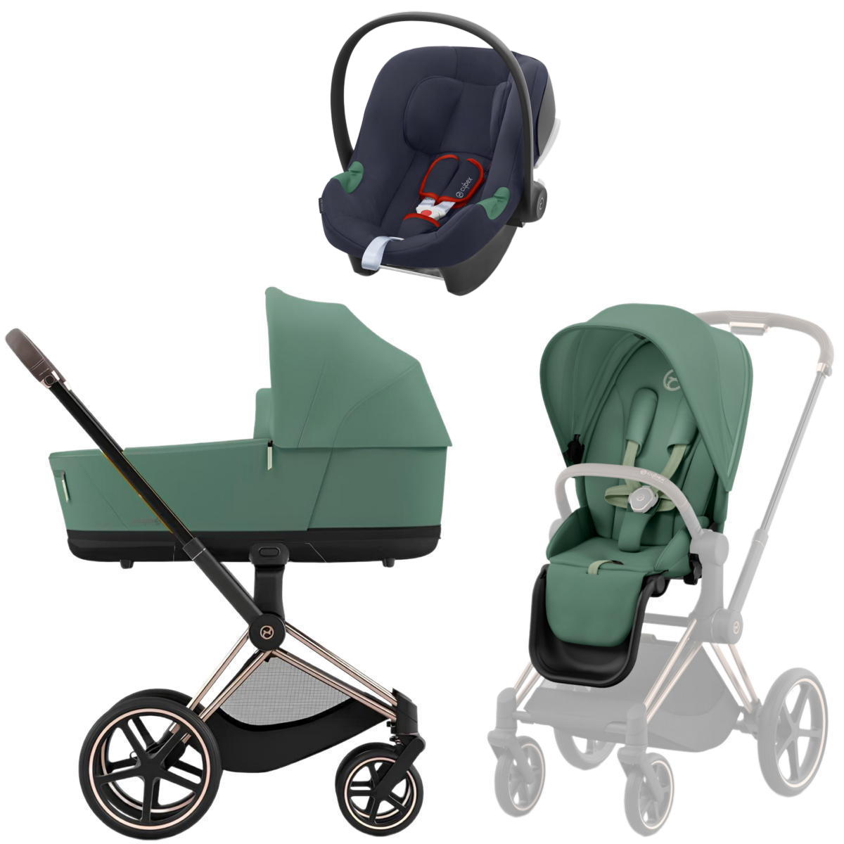 Коляска 3 в 1 Cybex Priam IV Rosegold и автокресло Aton B2 i-Size Leaf Green