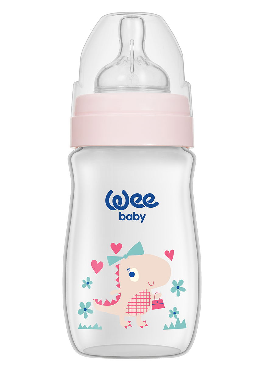 Бутылочка для кормления с широким горлышком с силиконовой соской р-р 1, WeeBaby Classic Plus 250 мл Розовый Динозавр