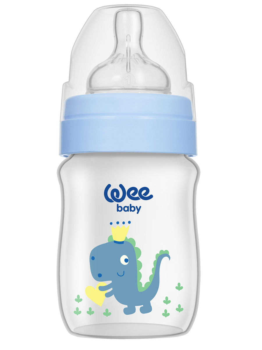 Бутылочка для кормления с широким горлышком с силиконовой соской р-р1, WeeBaby Classic Plus, 150 мл Синий динозавр
