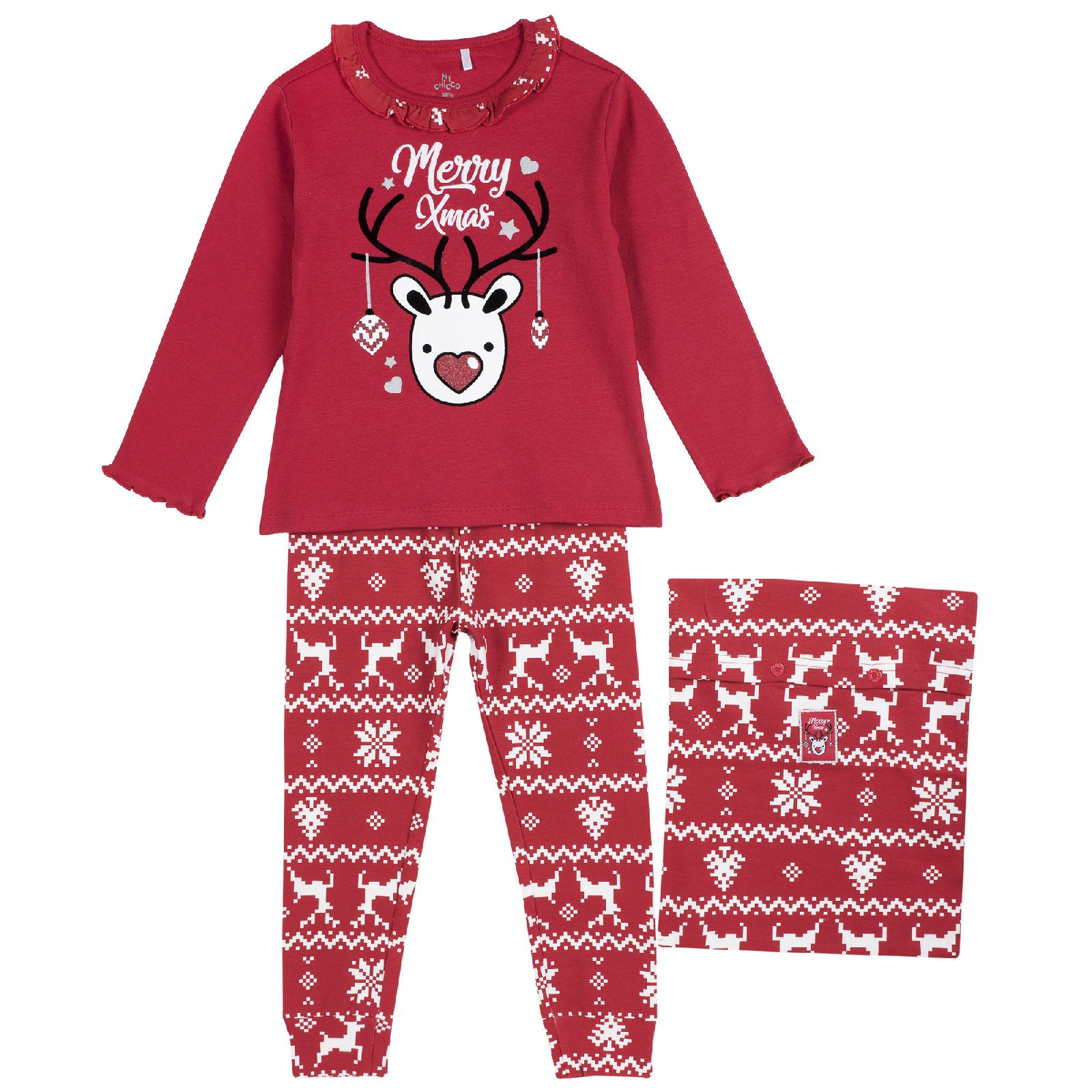 Пижама Chicco, принт Merry Christmas, длинный рукав, для девочек Красный, р.122