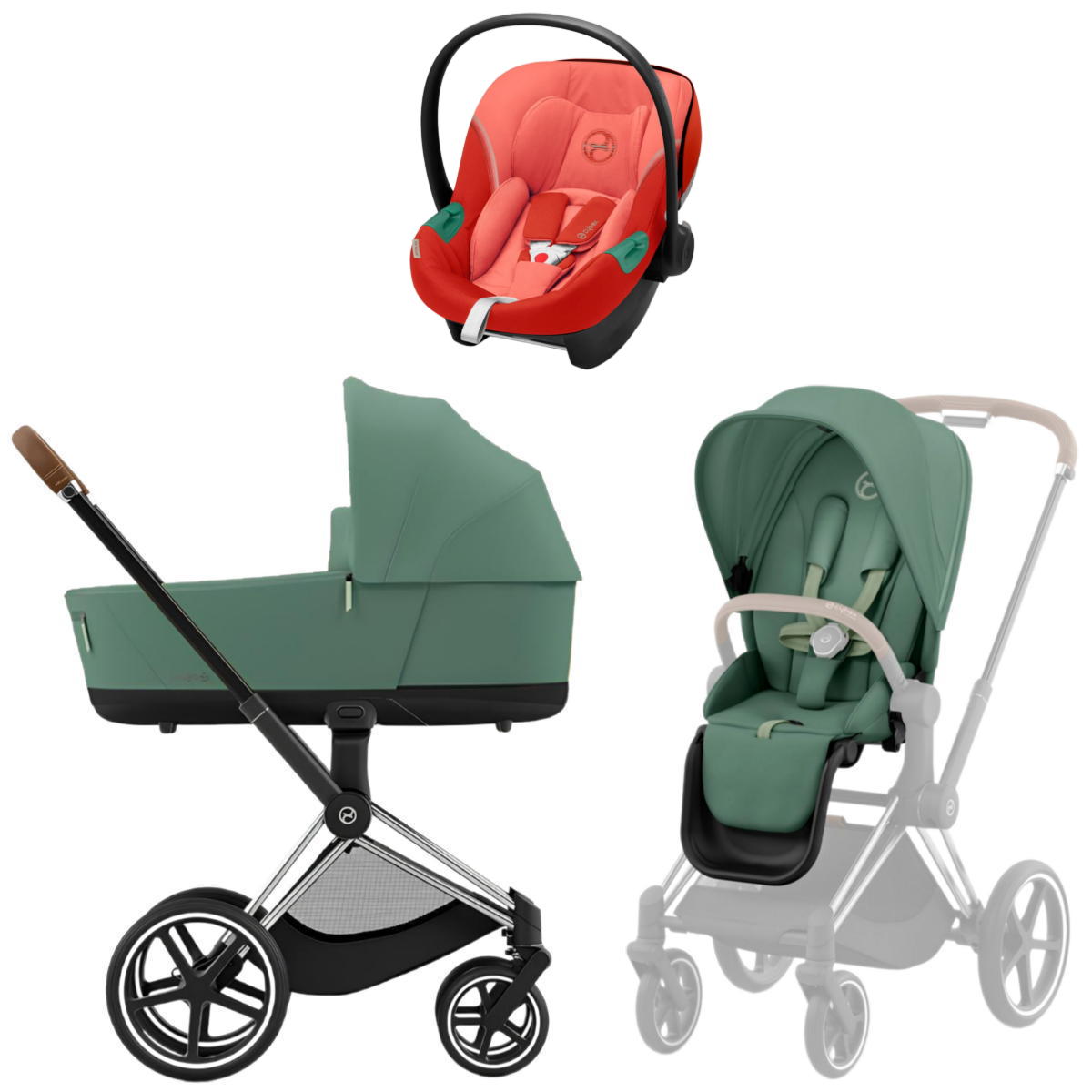 Коляска 3 в 1 Cybex Priam IV Chrome Brown и автокресло Aton S2 i-Size Leaf Green