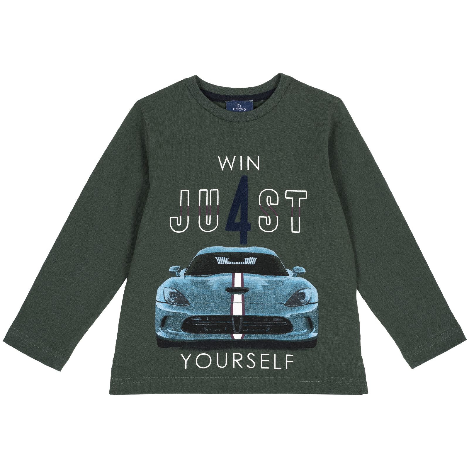 Лонгслив Chicco, принт Win just yourself, для мальчиков, цвет тёмно-зелёный Темно-зеленый, р.116