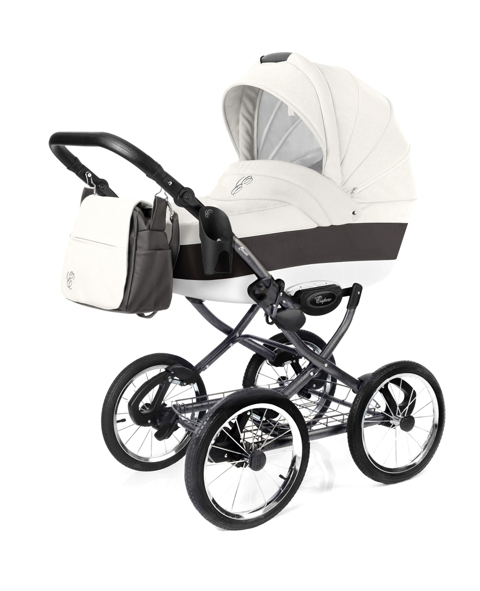 Коляска для новорожденных Esspero Grand Classic (шасси Graphite) White leatherette