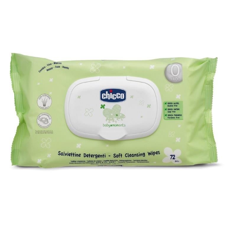 Салфетки очищающие Chicco Baby Moments с алоэ вера и ромашкой (0+) 72 шт