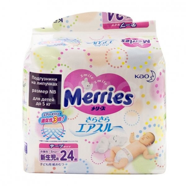 Подгузники Merries Air Through (0-5кг) 24шт