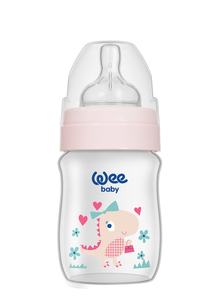Бутылочка для кормления с широким горлышком с силиконовой соской р-р1, WeeBaby Classic Plus, 150 мл Розовый Динозавр
