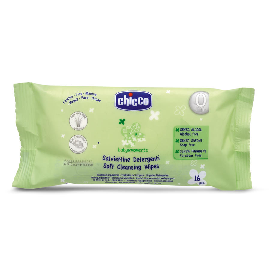Салфетки очищающие Chicco Baby Moments с алоэ вера и ромашкой (0+) 16 шт