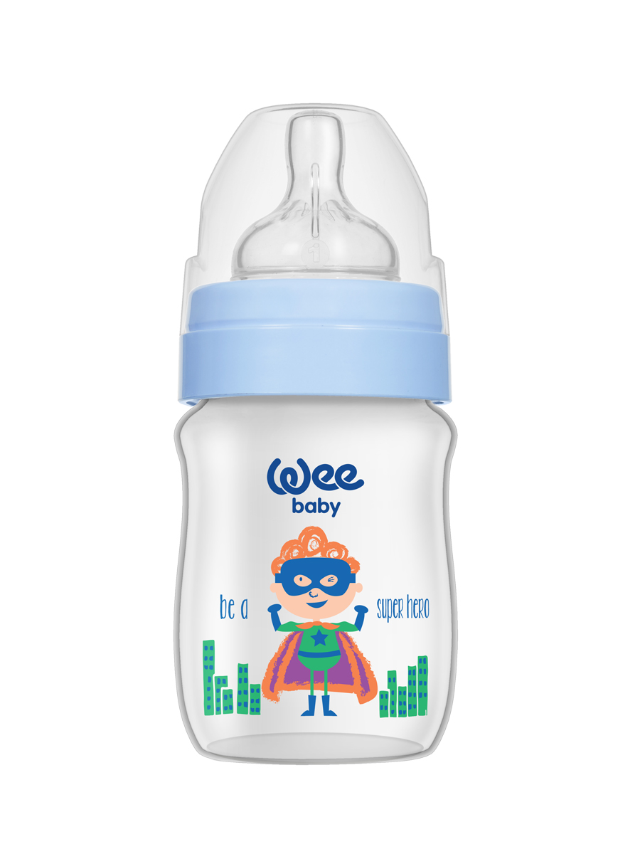 Бутылочка для кормления с широким горлышком с силиконовой соской р-р1, WeeBaby Classic Plus, 150 мл Супермен