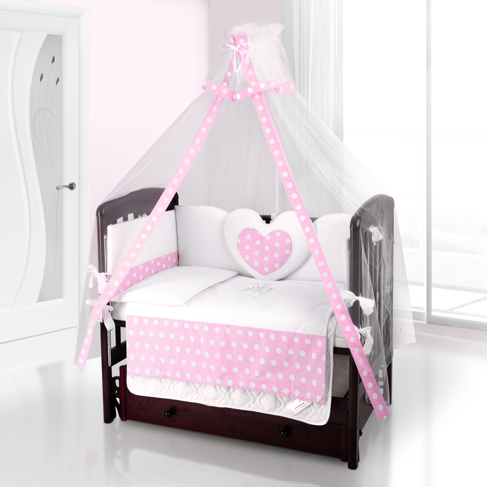 Набор в кроватку Beatrice Bambini - комплект белья Cuore + балдахин Bianco Neve Anello bianco rosa