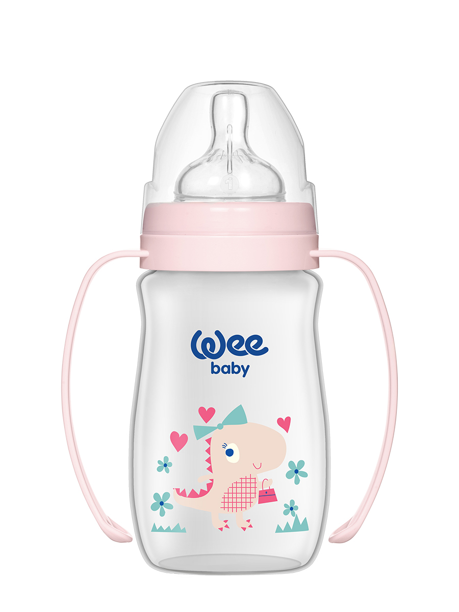 Бутылочка для кормления WeeBaby Classic Plus, с ручкой, 250 мл с широким горлышком с силик соской Розовый Динозавр