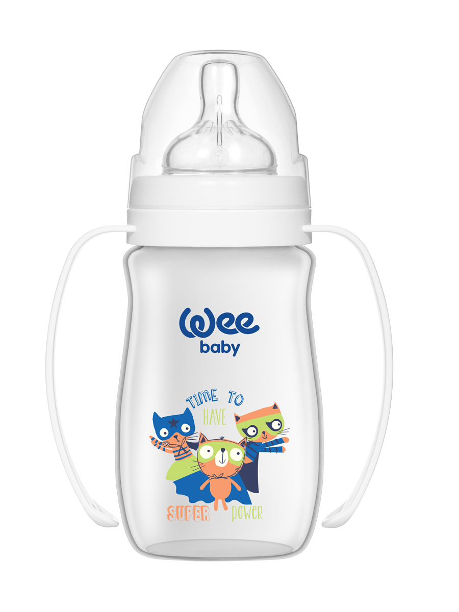 Бутылочка для кормления WeeBaby Classic Plus, с ручкой, 250 мл с широким горлышком с силик соской Коты