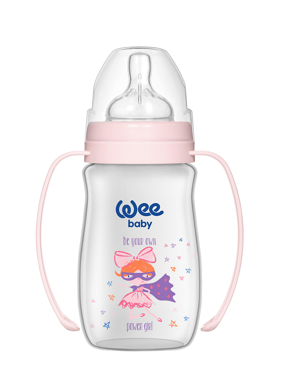 Бутылочка для кормления WeeBaby Classic Plus, с ручкой, 250 мл с широким горлышком с силик соской Девочка