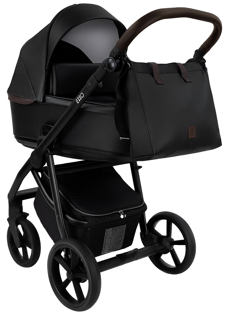 Коляска 2 в 1 Roan Esso Кожа Black /Black/руч.Тем.коричневый