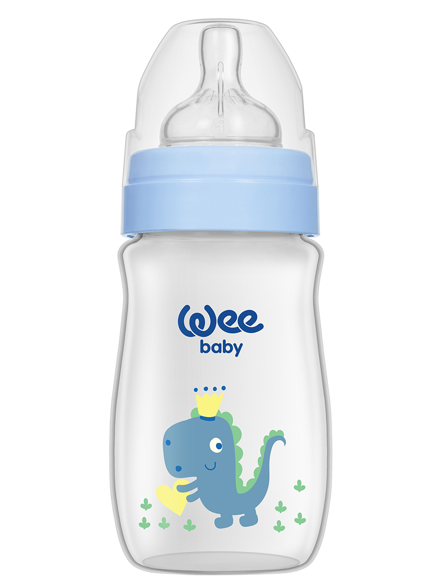 Бутылочка для кормления с широким горлышком с силиконовой соской р-р 1, WeeBaby Classic Plus 250 мл Синий динозавр