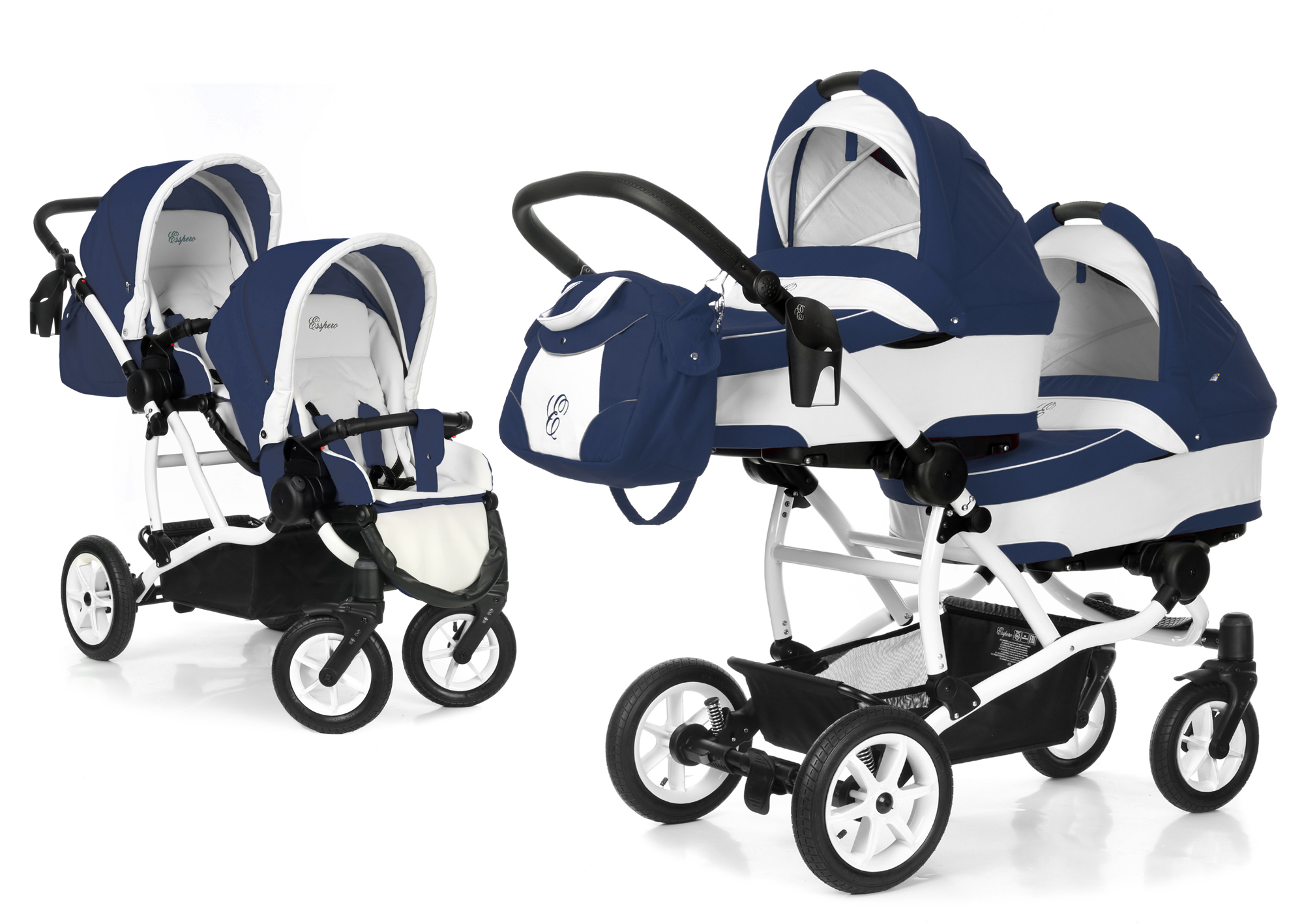 Коляска для двойни 3 в 1 Esspero Duetto (шасси White) Navy Grey