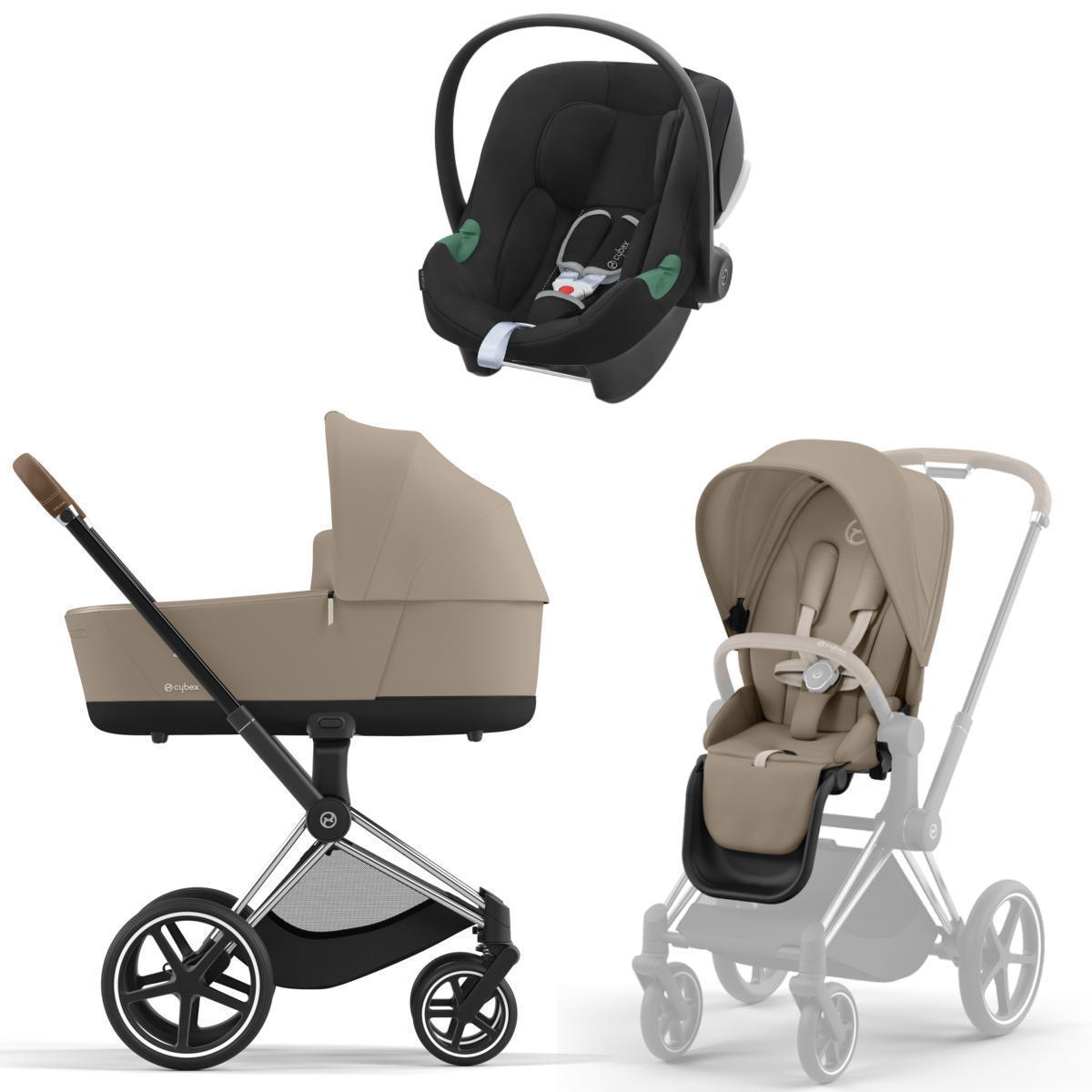 Коляска 3 в 1 Cybex Priam IV Chrome Brown и автокресло Aton B2 i-Size Cozy Beige