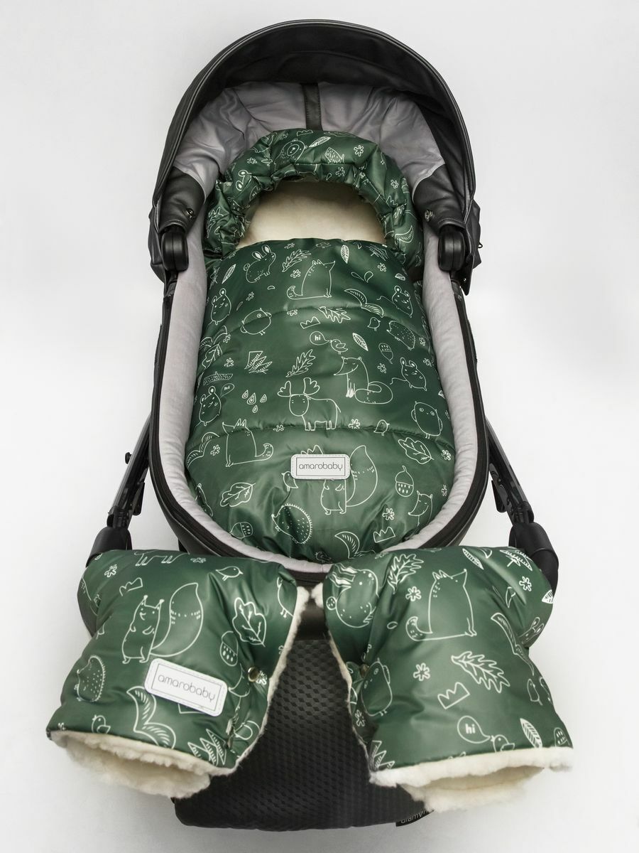 Конверт зимний меховой AMAROBABY Snowy Baby, 85 см Зверята, хаки