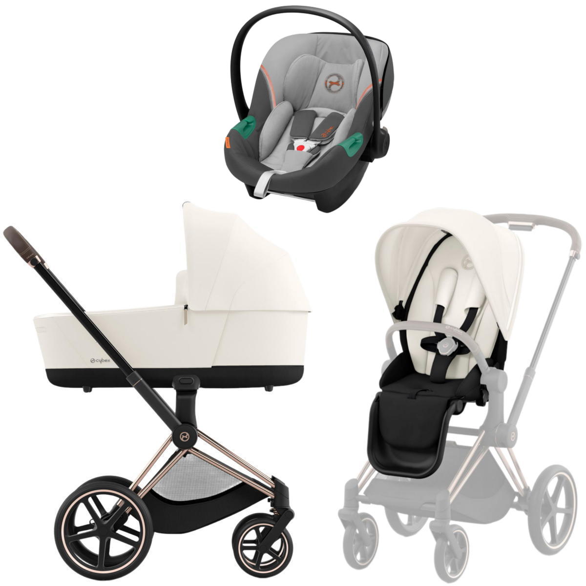 Коляска 3 в 1 Cybex Priam IV Rosegold и автокресло Aton S2 i-Size Off White
