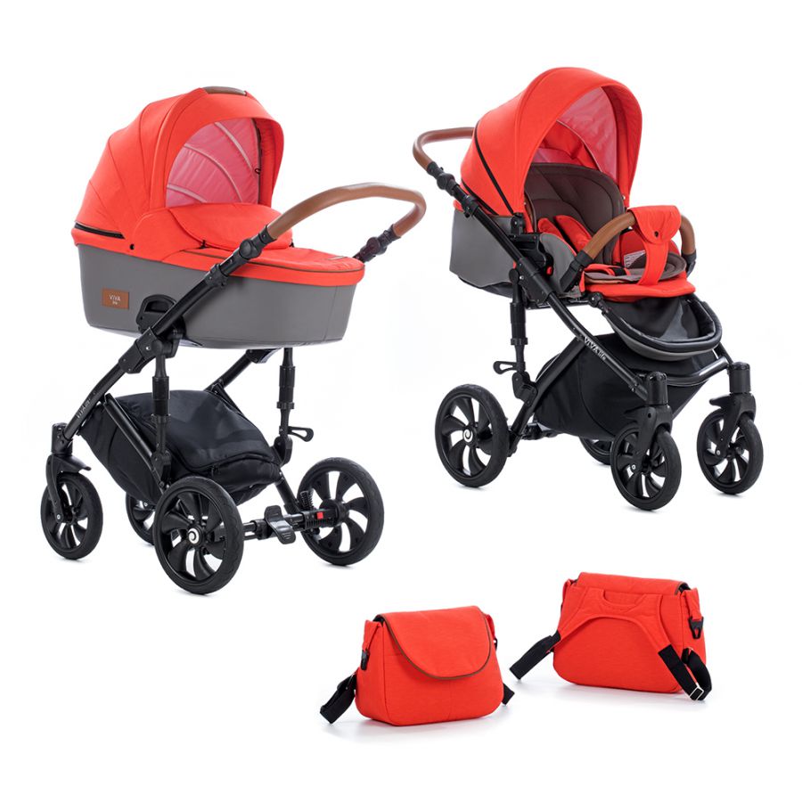 Коляска 2 в 1 Tutis Viva Life Оранжево-красный+Кожа Серый