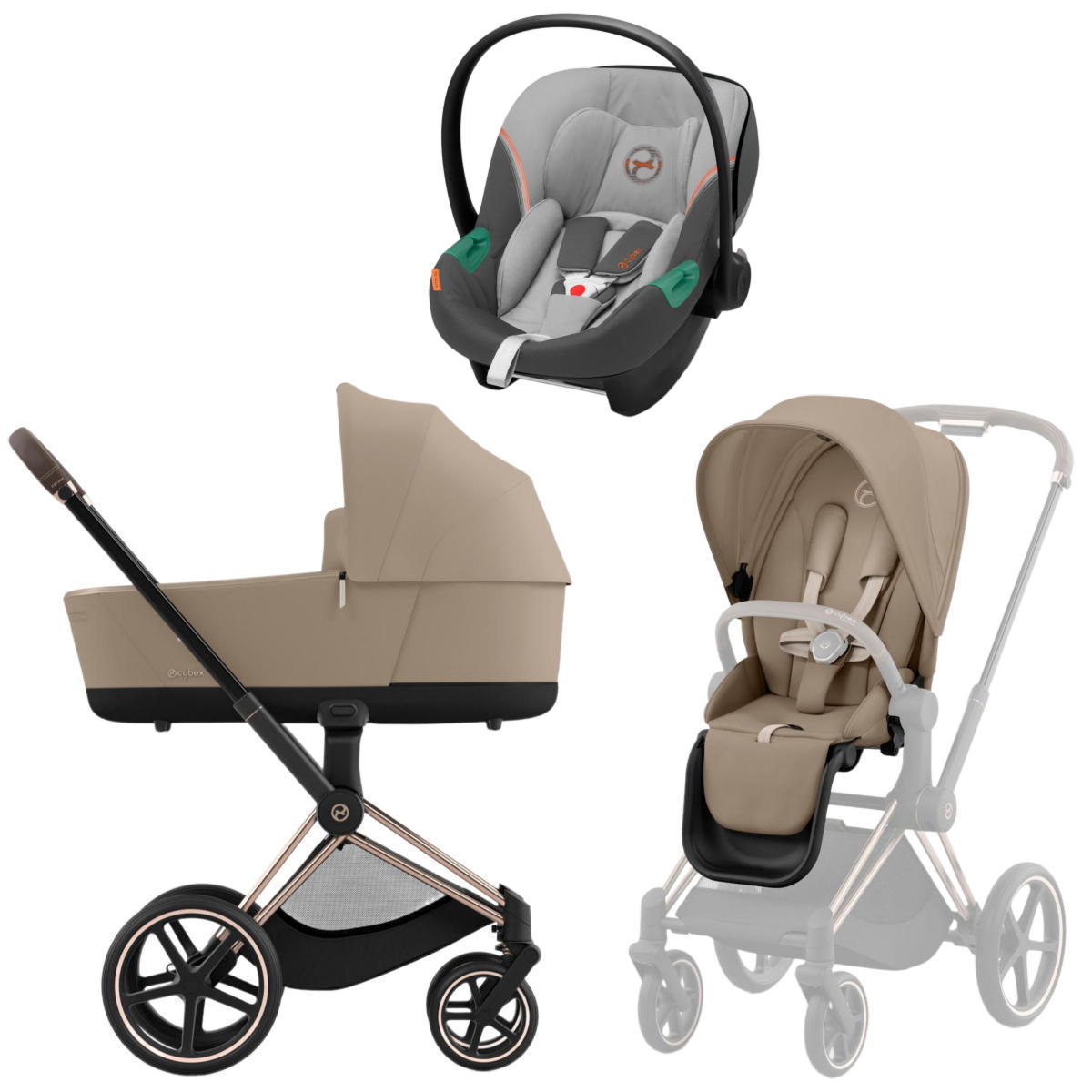 Коляска 3 в 1 Cybex Priam IV Rosegold и автокресло Aton S2 i-Size Cozy Beige