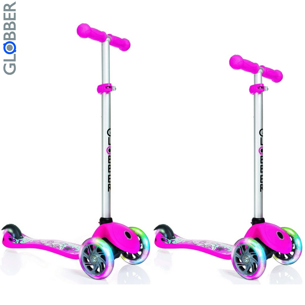 Самокат GLOBBER PRIMO Fantasy с 3 светящимися колесами BIG Flowers Neon pink