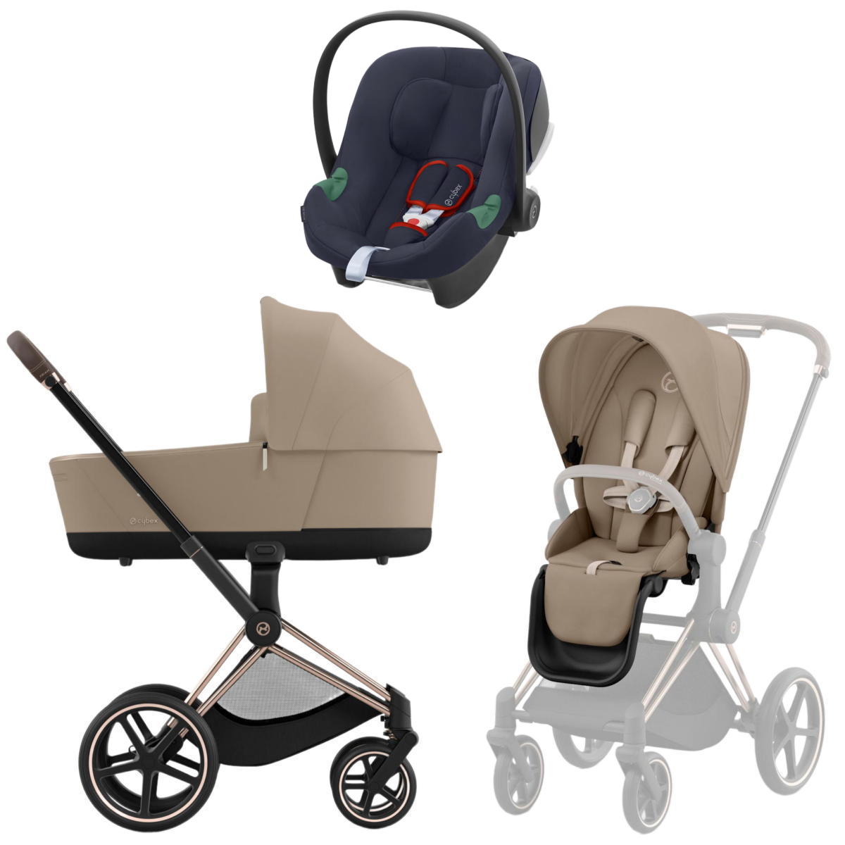 Коляска 3 в 1 Cybex Priam IV Rosegold и автокресло Aton B2 i-Size Cozy Beige