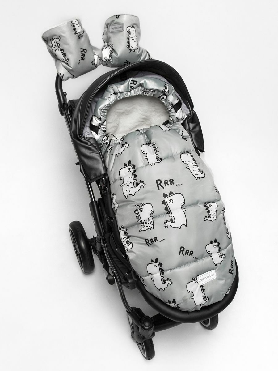 Конверт в коляску AMAROBABY Snowy Travel Динозавры, серый, 105 см