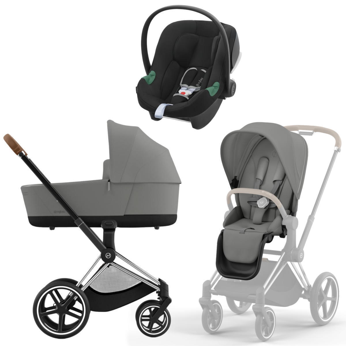 Коляска 3 в 1 Cybex Priam IV Chrome Brown и автокресло Aton B2 i-Size Mirage Grey