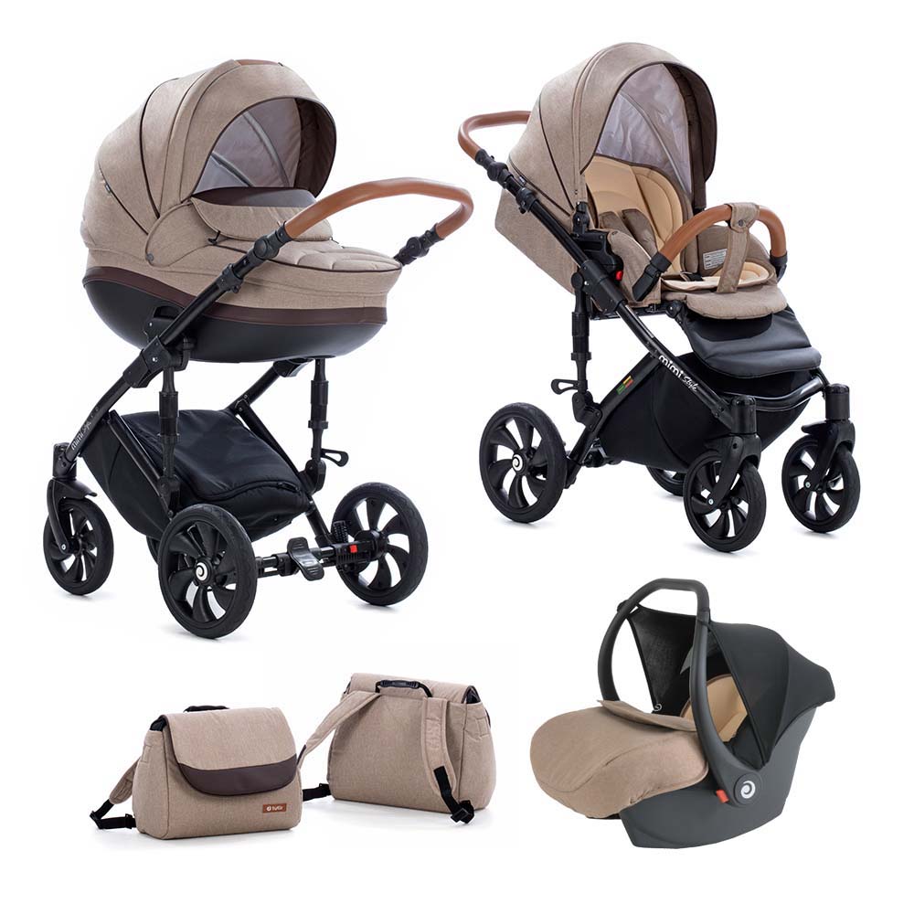 Коляска 3 в 1 Tutis Mimi Style Бежевый Лен + кожа Коричневая