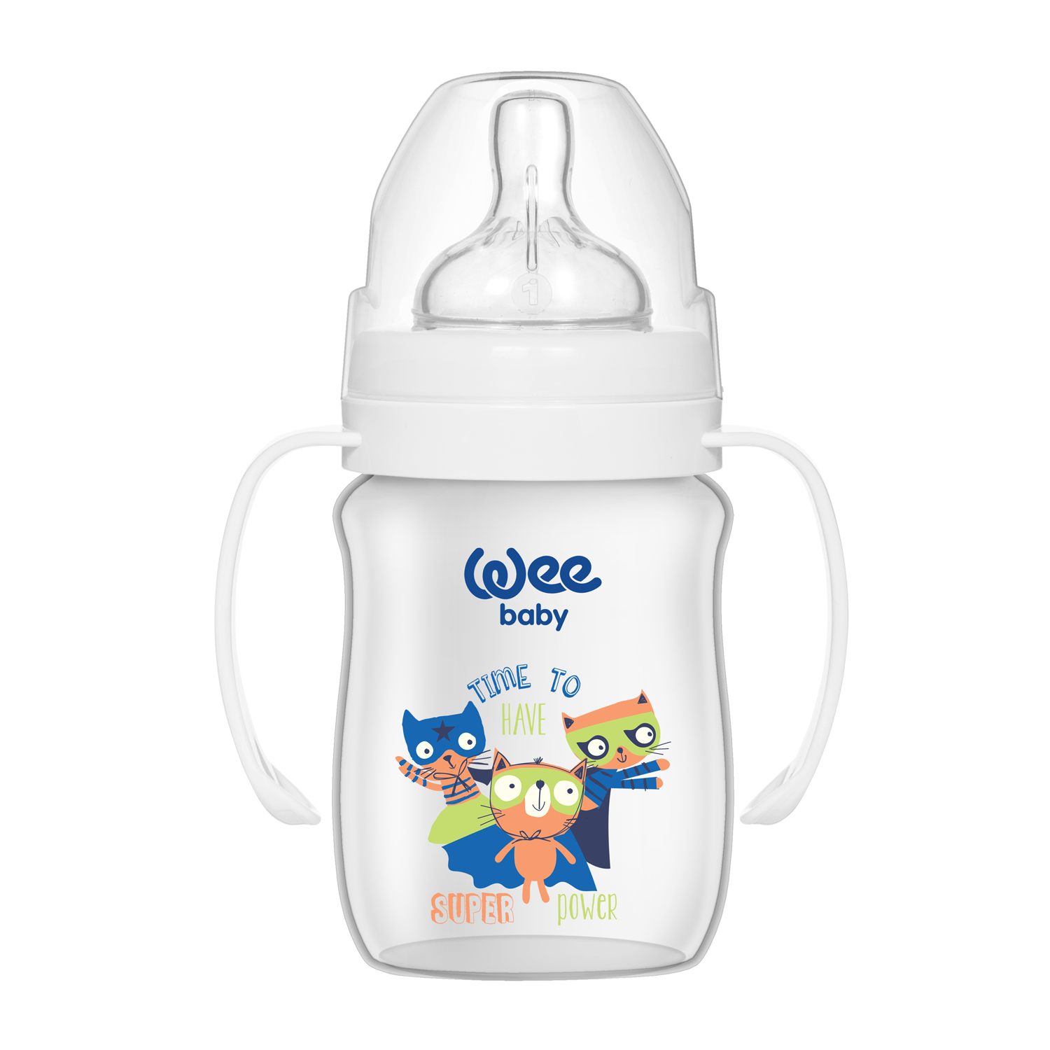Бутылочка для кормления WeeBaby Classic Plus, с ручкой, 150 мл, шир горлышко с силик. соской р-р1 Коты