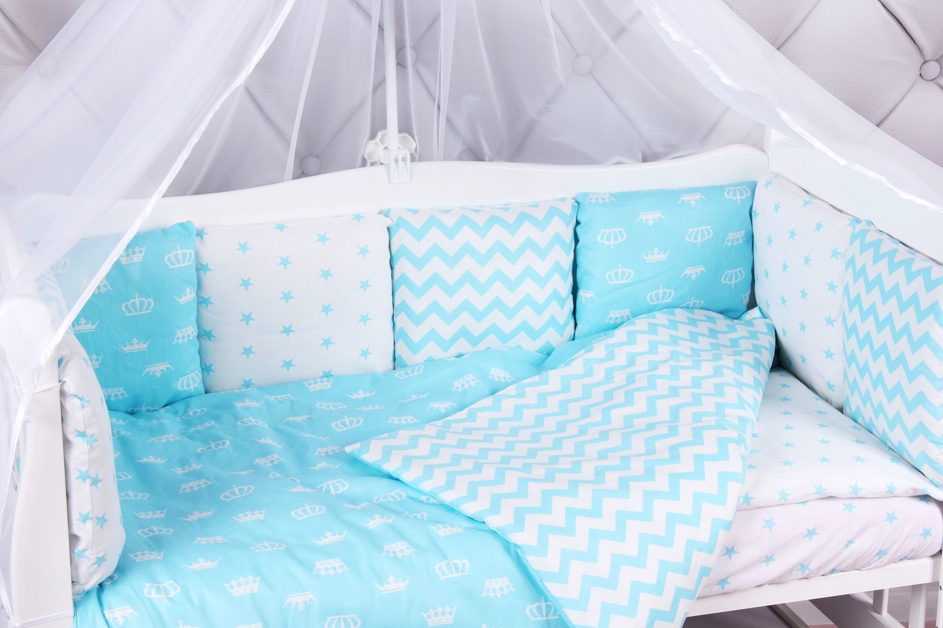 Комплект в кроватку AmaroBaby 15 предметов (3+12 подушек-бортиков) ROYAL BABY бирюза (бязь)