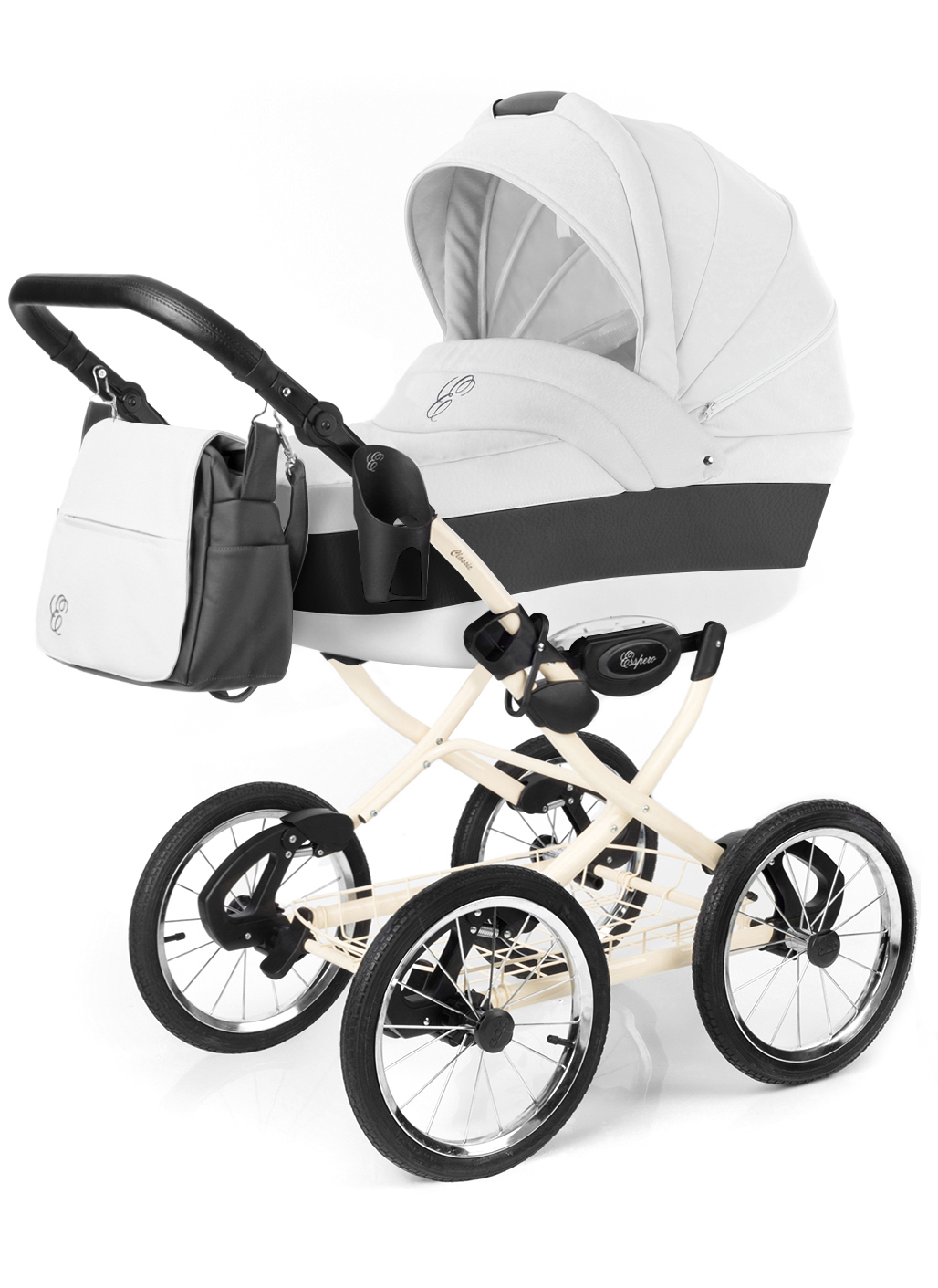 Коляска для новорожденных Esspero Grand Classic (шасси Beige) White leatherette