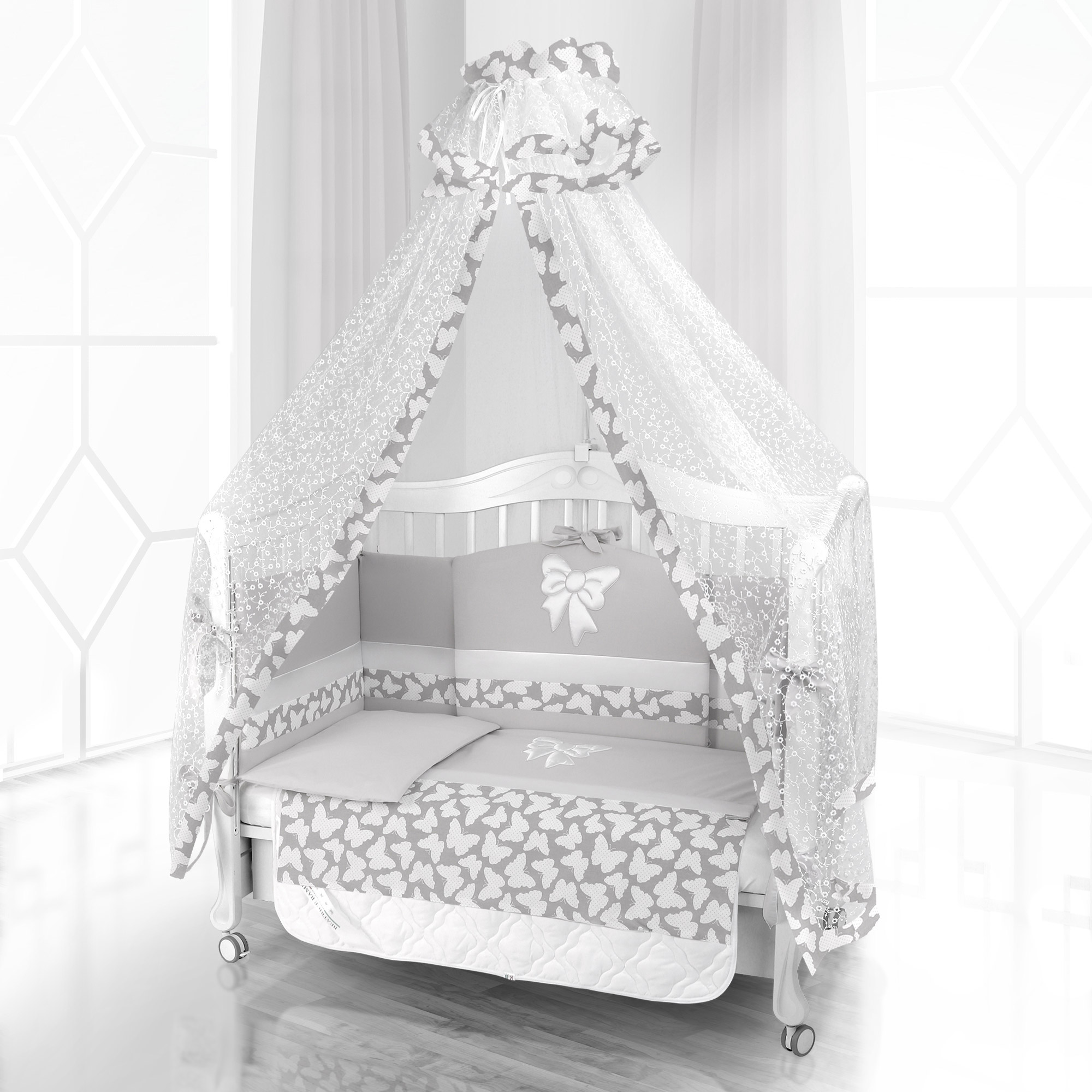 Набор в кроватку Beatrice Bambini - комплект белья Unico + балдахин Bianco Neve Farfalino (120x60) bianco grigio
