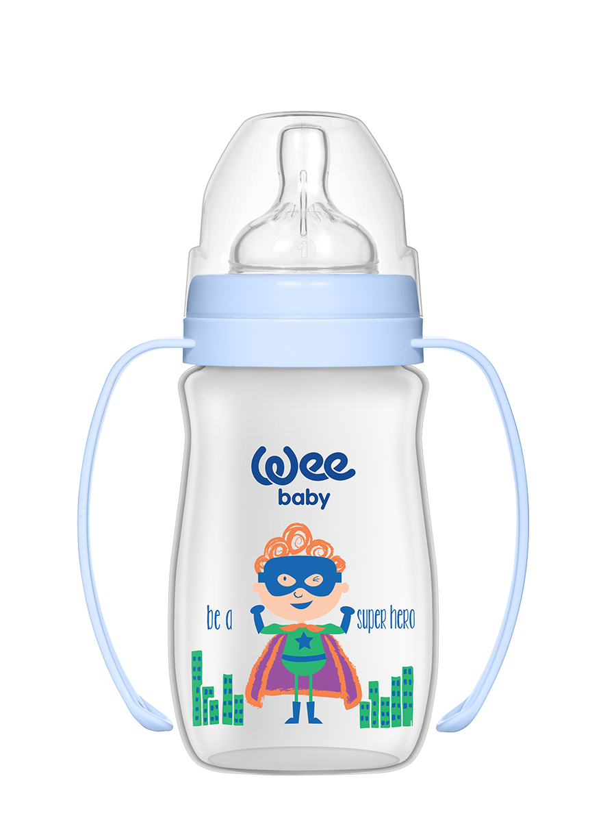 Бутылочка для кормления WeeBaby Classic Plus, с ручкой, 250 мл с широким горлышком с силик соской Супермен