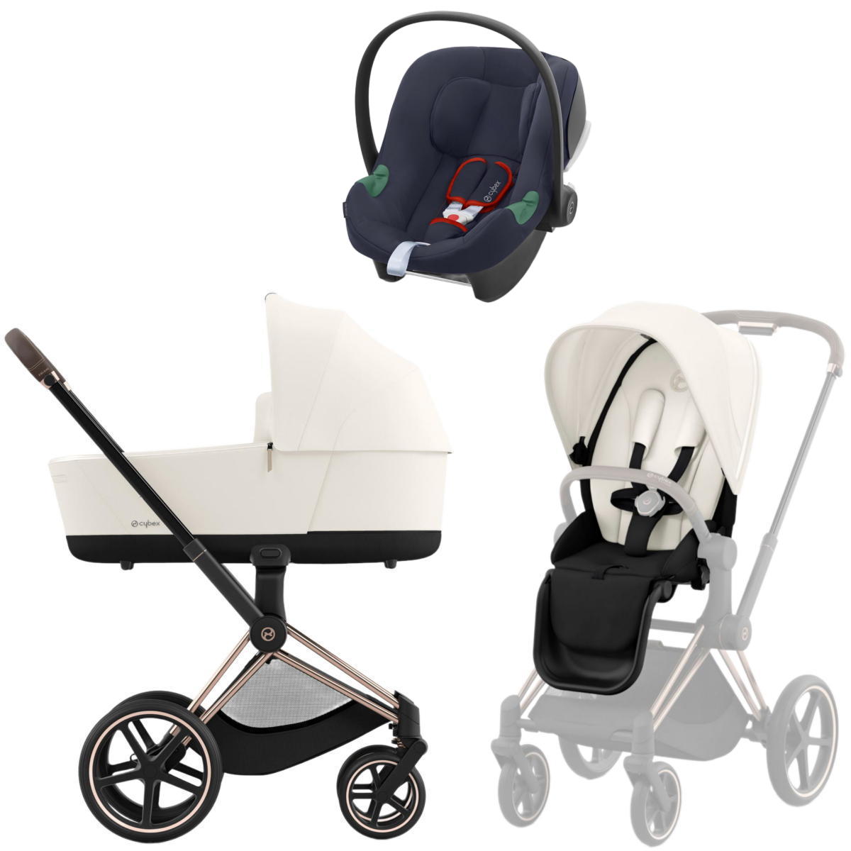 Коляска 3 в 1 Cybex Priam IV Rosegold и автокресло Aton B2 i-Size Off White