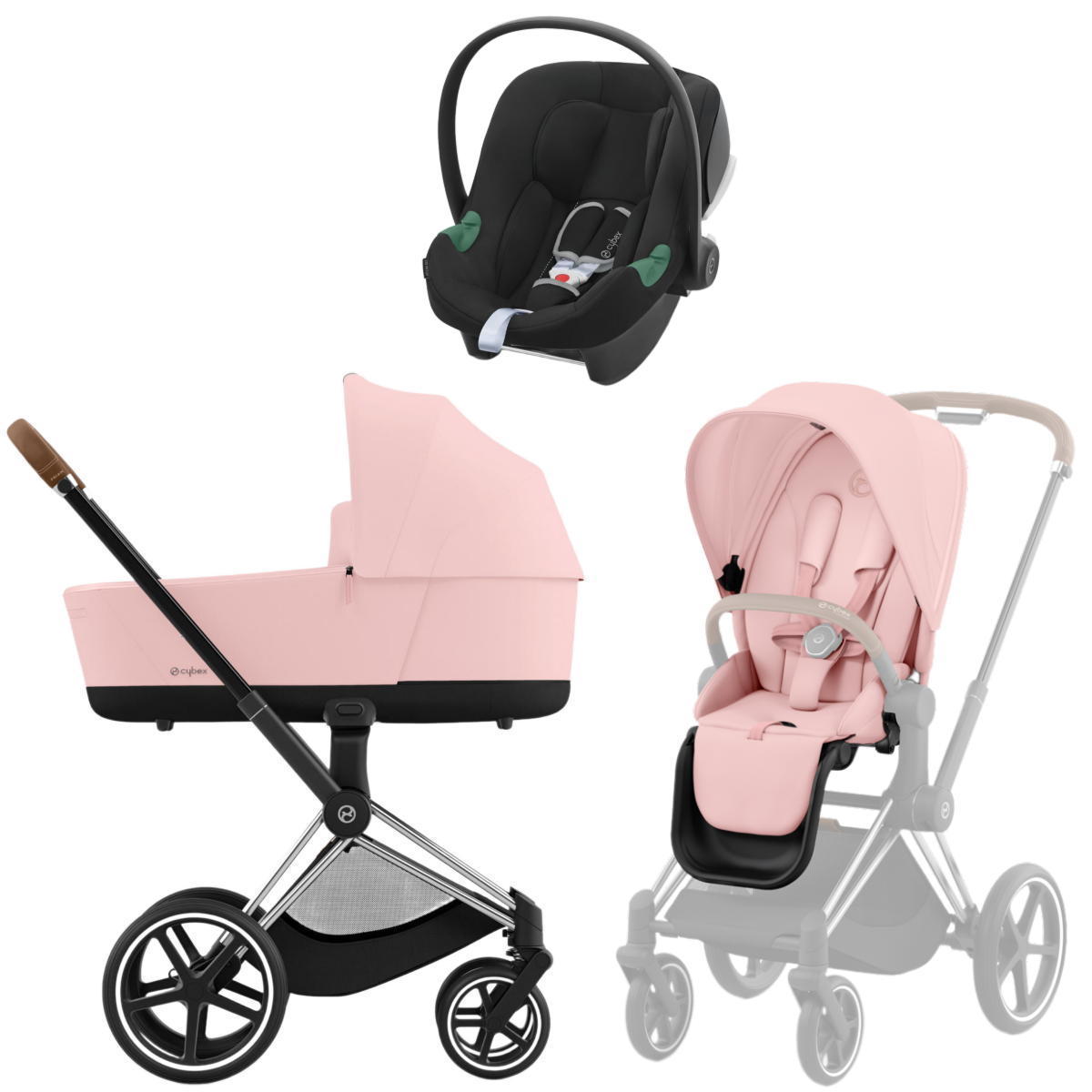 Коляска 3 в 1 Cybex Priam IV Chrome Brown и автокресло Aton B2 i-Size Peach Pink