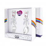 Набор детский Кольчугинский мельхиор (л+в) посеребренный 2пр. — Мишка розовый + футляр