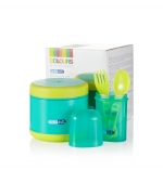 Набор для кормления Bebe Due: Термоконтейнер 300мл, пенал с ложкой и вилкой. — бирюзовый-салатовый