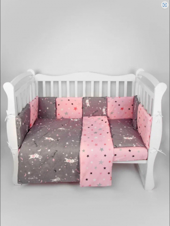 Бортик в кроватку 12 предметов AmaroBaby — Princess, серый/розовый