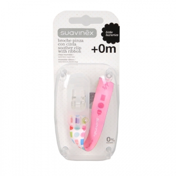 Держатель Suavinex д/пустышки с зажимом, лента — роз.лента