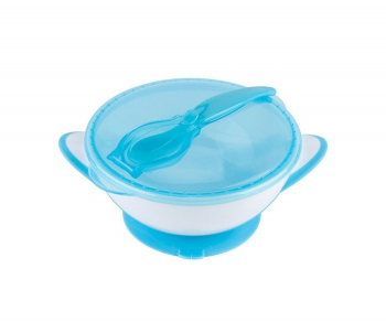 Тарелочка BabyOno с присоской, крышкой и ложечкой — Голубая