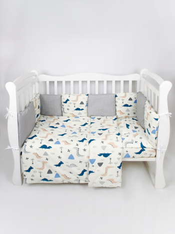 Бортик в кроватку 12 предметов AmaroBaby — Little dino, бежевый/серый