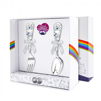 Набор детский Кольчугинский мельхиор (л+в) посеребренный 2пр. — Мишка голубой + футляр